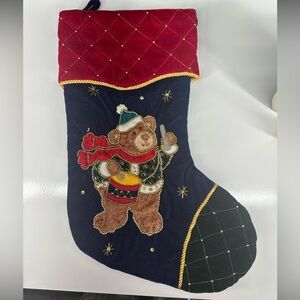 Vintage Teddy Bear Christmas Stocking Velour Appliqué Sequins Beaded